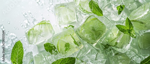 kitchen glass closeup of lime and mint Ice cubes 