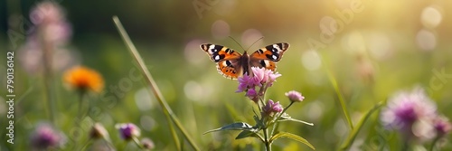 One butterfly stop on pink flower on soft blurred background.
