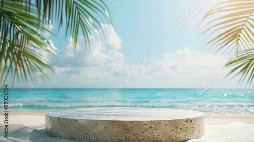 Background of tropical sea and summer sand with abstract stone podium