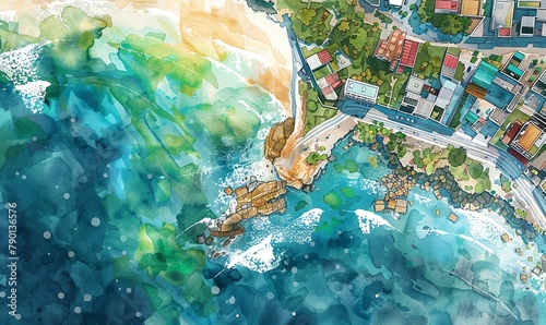 Illustrate an aerial view landscape using watercolor, featuring a coastal town embracing biodegradable technology Capture the vibrant hues of the ocean and eco-friendly structures with a touch of whim photo