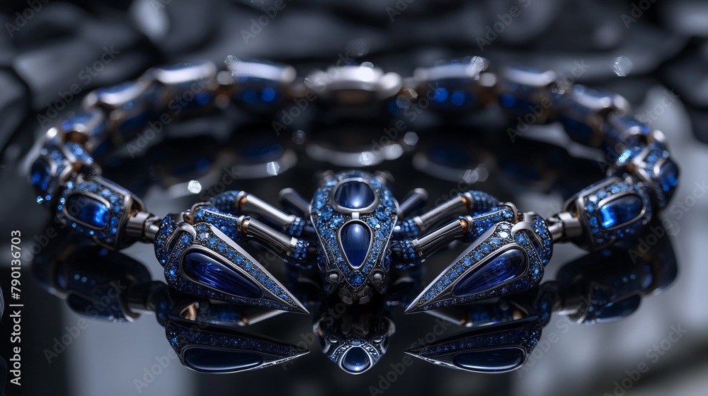 Fototapeta premium An edgy, futuristic scorpion-shaped bracelet featuring neon blue sapphires and polished silver. Bold and innovative design.