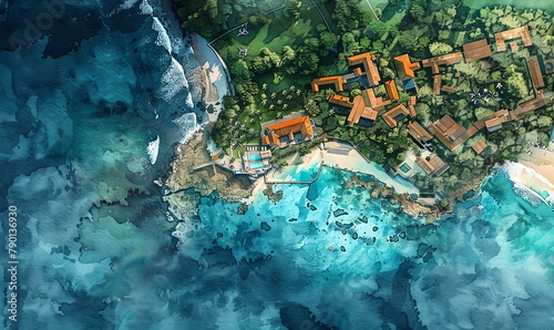Illustrate an aerial view landscape using watercolor, featuring a coastal town embracing biodegradable technology Capture the vibrant hues of the ocean and eco-friendly structures with a touch of whim photo