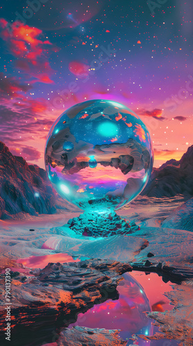 Psychedelic Extraterrestrial Landscape Featuring a Reflective Metallic Orb and Alien Structures
