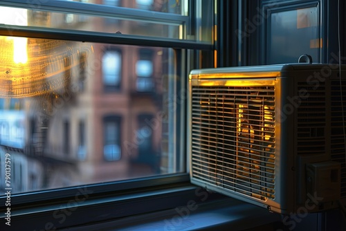 a window air conditioner sitting on top of a window sill photo