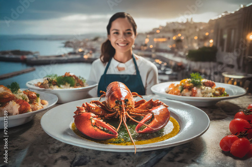 Aragosta servita su piatto, sullo sfondo mare italiano e cuoca sorridente photo