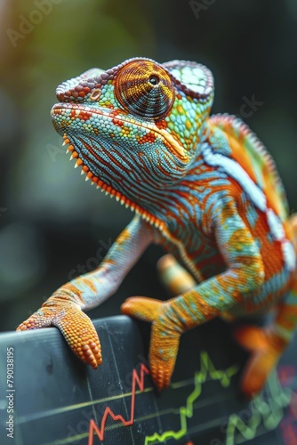 Chameleon on a branch with skin pattern morphing into a financial chart, adaptability in business. photo