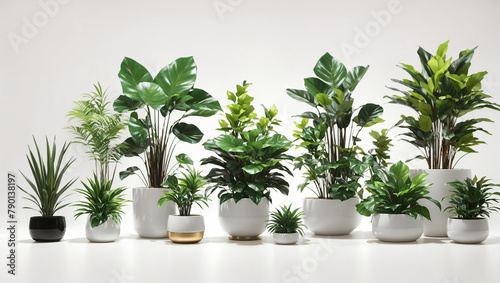 Several potted plants sit in a row against a white background.]