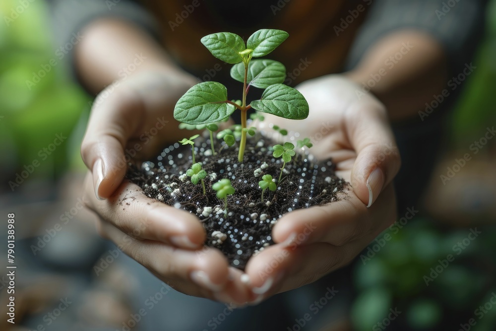 Hands holding a sprouting plant in the shape of a financial graph, nurturing business growth.