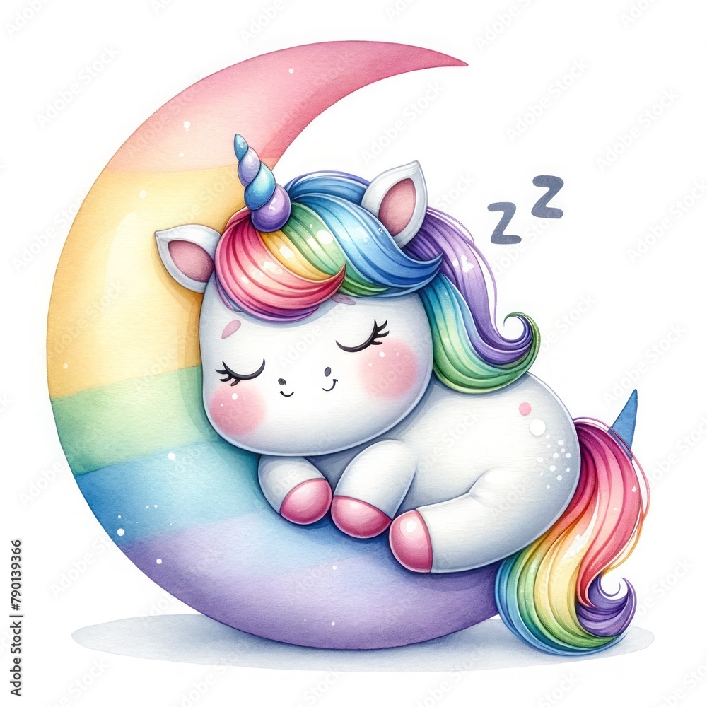 Naklejka premium Chubby unicorn rainbow sleeping on the moon watercolor clipart