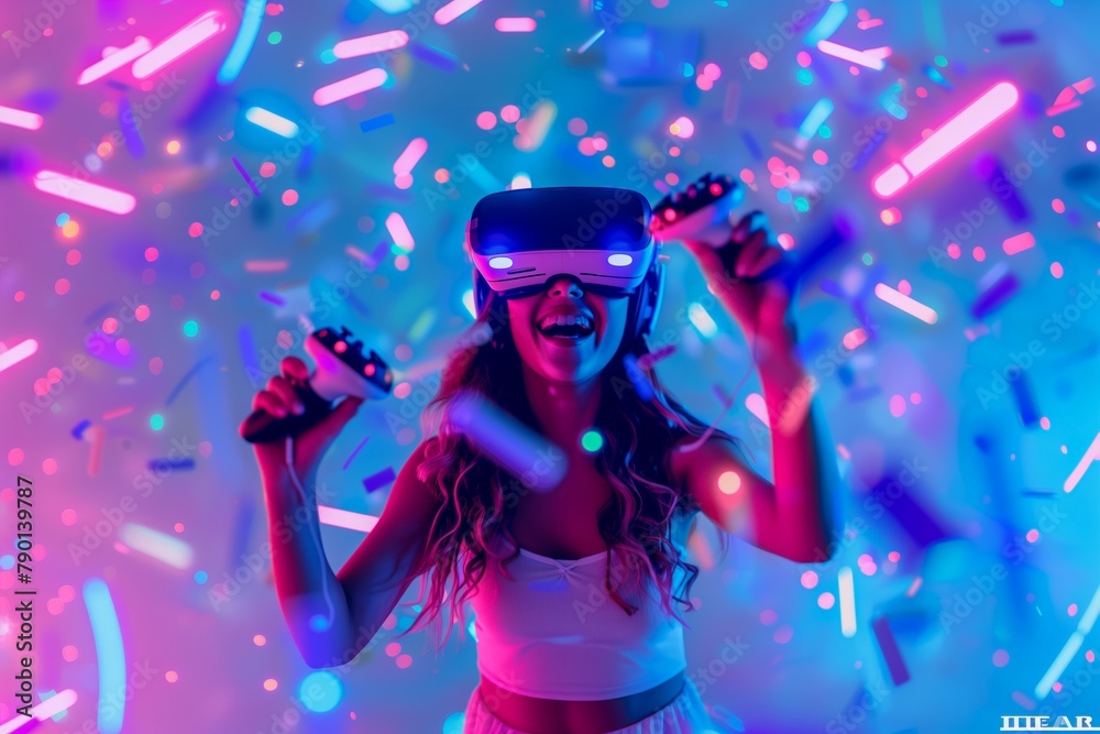 A Woman Wearing a VR Headset Is Caught in a Moment of Exhilarating Gaming, Her Joy Amplified by a Whirl of Neon Pink and Blue Lights Around Her