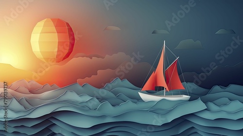 Sailboat with sails depicting a bullish stock market, sailing towards financial success. photo