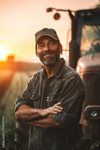 happy male farmer on the background of field and tractor