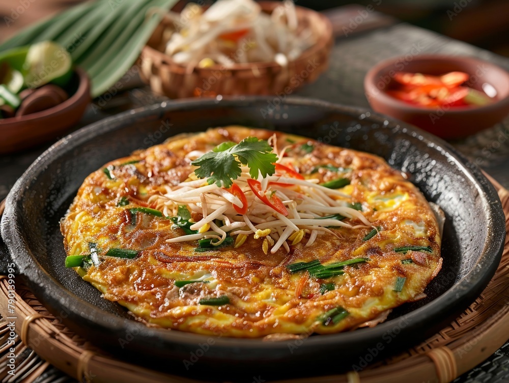 A casual dining setting featuring a mixed Pad Thai omelette as a centerpiece, with traditional Thai dA cor, suitable for lifestyle and travel content , up32K HD A casual dining setting featuring a mixed Pad Thai omelette as a centerpiece, with traditional Thai dA cor, suitable for lifestyle and travel content , up32K HD
