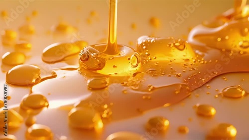 Golden Viscosity: A Symphony of Honey Droplets. Concept Honey, Viscosity, Droplets, Golden, Symphony photo