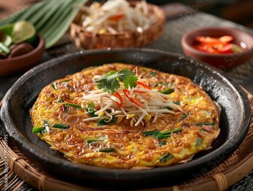 A casual dining setting featuring a mixed Pad Thai omelette as a centerpiece, with traditional Thai dA cor, suitable for lifestyle and travel content , up32K HD