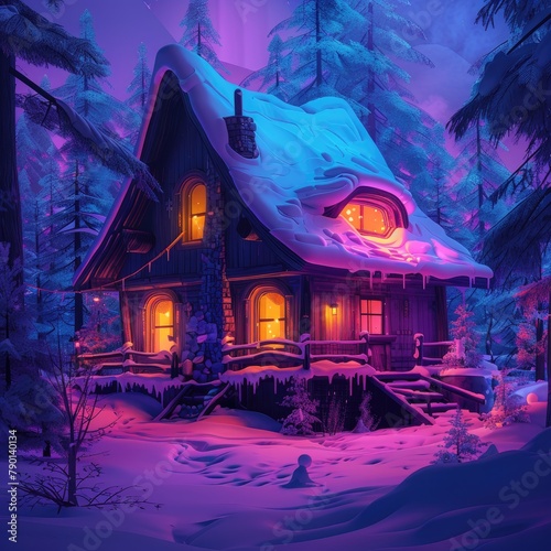 A neon-lit winter cabin with cozy