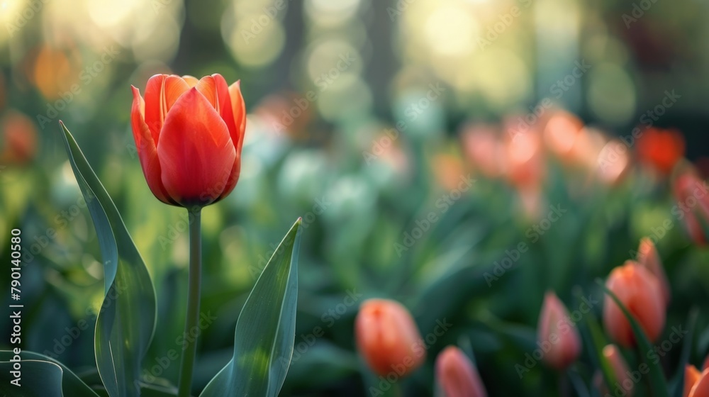 Fototapeta premium Red tulip among green leaves