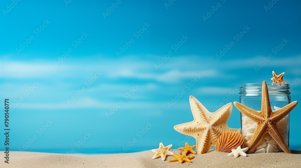 starfishes and shell on the beach with light blue background starfishes and shell on the beach with light blue background
