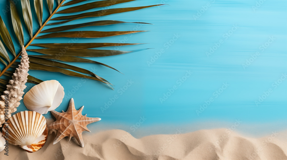 starfishes and shell on the beach with light blue background starfishes and shell on the beach with light blue background