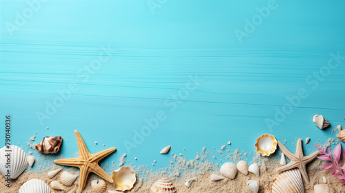 starfishes and shell on the beach with light blue background