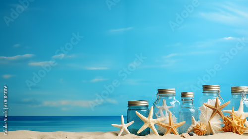 starfishes and shell on the beach with light blue background © amidsummersicecr