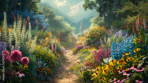 A colorful garden with a path through it
