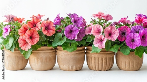 A row of earthenware pots with colorful begonia plants on a white background