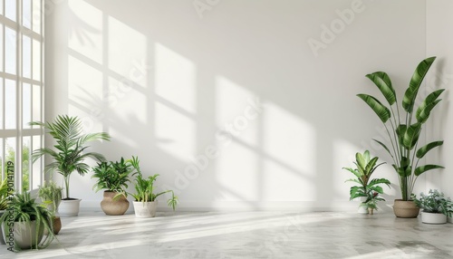 Airy white wall empty room with plants arranged on the floor  infusing space with natural freshness