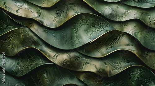 Abstract background of green and brown patterned waves made from textured leather. crafted in dark olive hide with fine wrinkles. Ideal for design elements photo