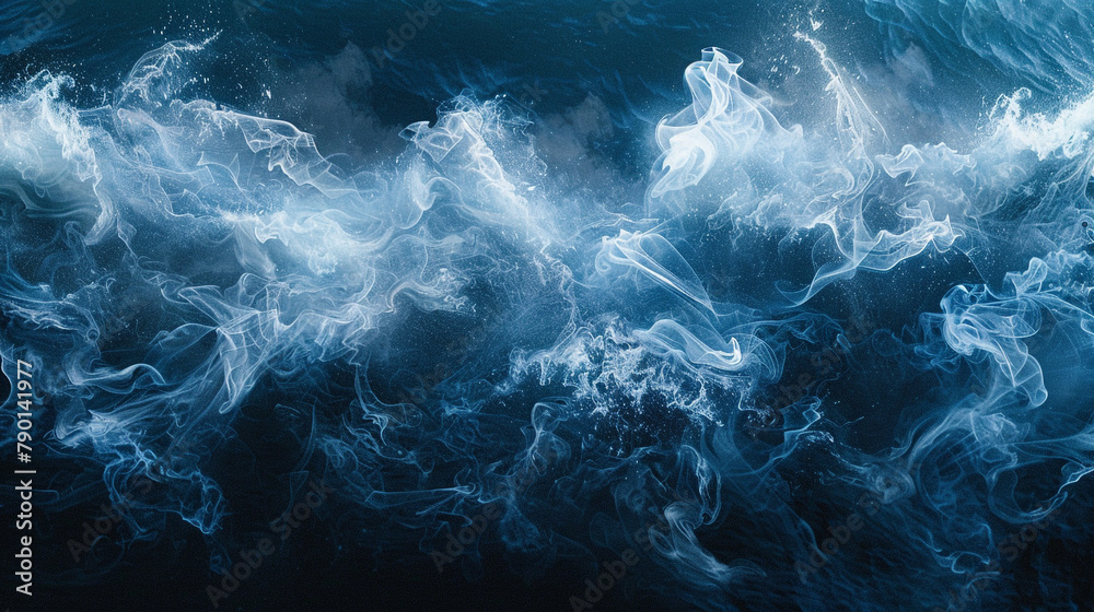 A depiction of smoke in the form of a breaking wave, its crest a brilliant white against the deep blue.