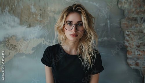 A fashionable blonde female posing with elegance in a black t-shirt and glasses. Her casual stance