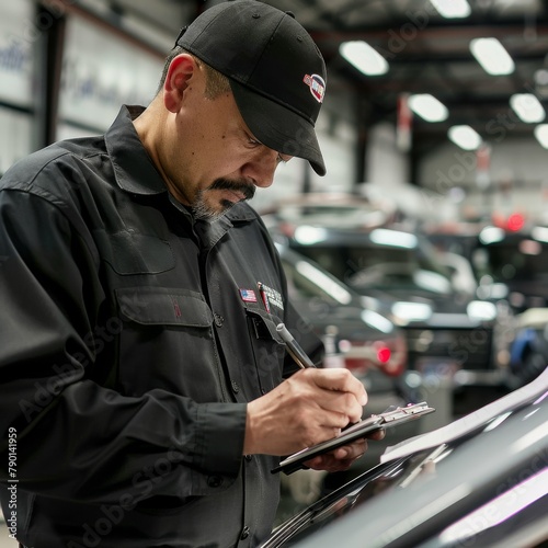 A focused mechanic in uniform, pen in hand, meticulously making notes as he examines a car