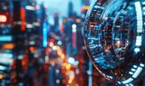 Produce a mesmerizing image of a futuristic cityscape reflected in a close-up shot holographic display, using photorealistic digital rendering techniques