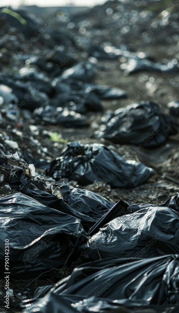 A vast garbage dump site filled with heaps of black plastic bags, environmental issue
