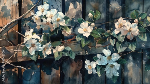 Jasmine flowers entwining an old fence