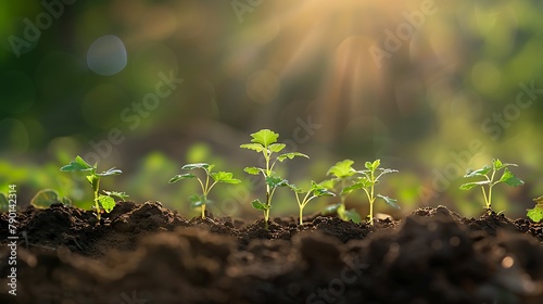 Young seedlings sprout in the soil, with green leaves and sunlight shining on them