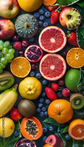 Top view of various colorful fresh fruits arranged on a table. This image showcases healthy foods