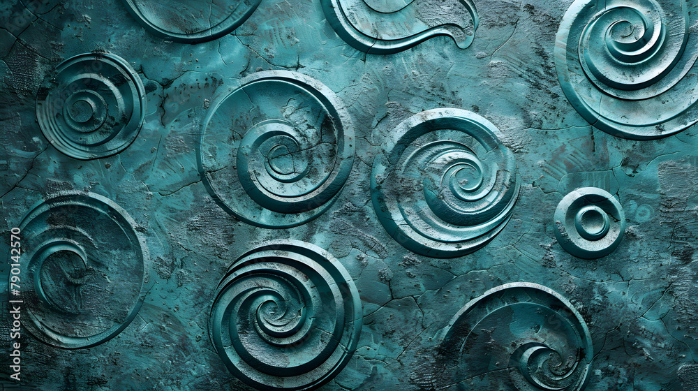 Abstract background of turquoise and silver patterned spirals made from rough concrete texture. cast in dark teal cement with fine pits. Perfect for design elements