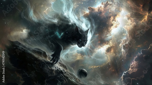 Ethereal black cat merging with a cosmic vortex surrounded by celestial clouds and cosmic dust