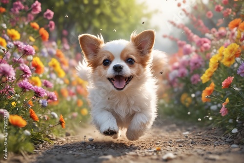 Joyful Canine Frolic: Dog Enjoys a Lively Romp through Flower Garden