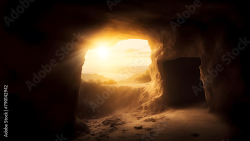 Silhouette of the entrance to a cave with light at the end. Selective focus photo