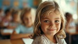 Smiling young caucasian girl in classroom with peers