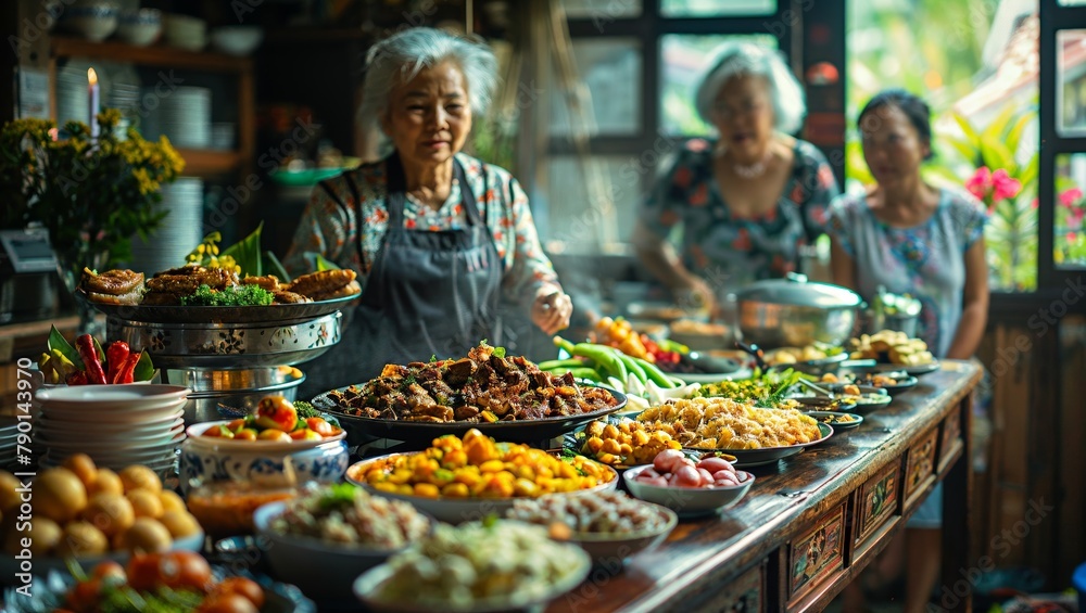 A Thai family hosting a meal in their home, a spread of local dishes that tell a story of culinary tradition