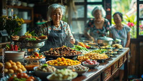 A Thai family hosting a meal in their home, a spread of local dishes that tell a story of culinary tradition