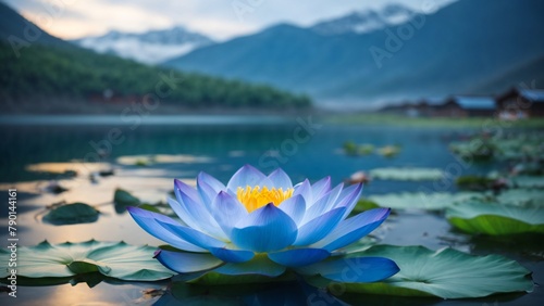A Fresh and blue Beautiful Lotus Flower is Blooming and glowing in the morning in a pond.