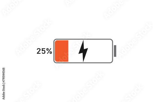 battery charging indicators with lightning symbol and Charge level percentage on white background. Vector illustration
