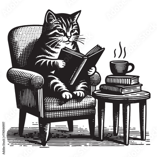 A cute tabby cat sits in a cozy chair and reads a book. Vintage engraving illustration, emblem, isolated object, print © Victoria