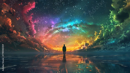 Man under a vibrant cosmic galaxy sky