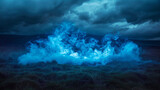 A scene of electric blue smoke on a dark field, mimicking the sudden flash of lightning across the sky.