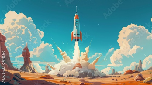 Rocket Launch: Illustrations of Cosmic Planets and Aerospace Themes